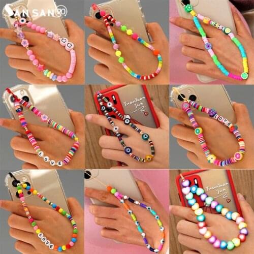 Boho Flower Smile Cell Phone Accessory Straps Bracelet Mobile Phone Soft Clay Hanging Chain for Woman Ornament Random Color
