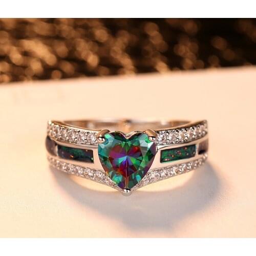 Beiver 2019 New Arrival White Gold Rainbow Heart-Shaped Cubic Zirconia Promise Wedding Bands Heart Rings for Women Party Jewelry