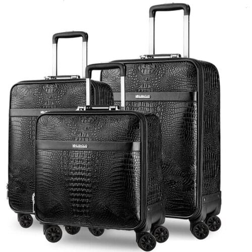 Men Crocodile pattern Genuine cow Leather cabin trolley suitcase brand carry on business rolling luggage vs travel bag on wheels