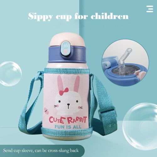 Childrens straw thermos, baby thermos with cup holder, silicon straw, bounce cover, 304 stainless steel cartoon pattern