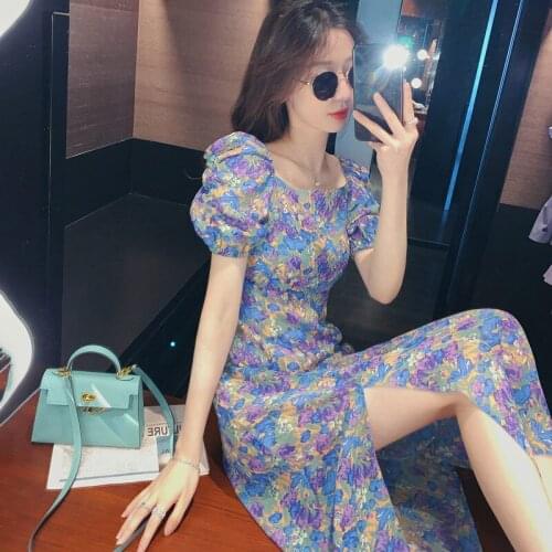 Purple Puff Sleeve Dress Women Hem Fork Floral Waist Long Skirt All-Matched and Comfotable A66