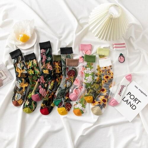 France Hipster Design Glass Silk Floral Bird Funny Socks Women Transparent Streetwear Art Sokken Jacquard Calcetines Divertidos
