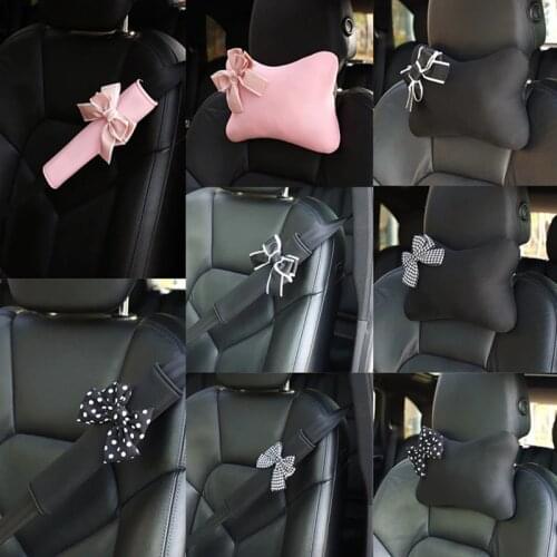 Ice Silk Car Seat Belt Cover Shoulder Pad Headrest Neck Pillow Waist Support Breathable Head Rest Bow-knot Auto Interior Decor