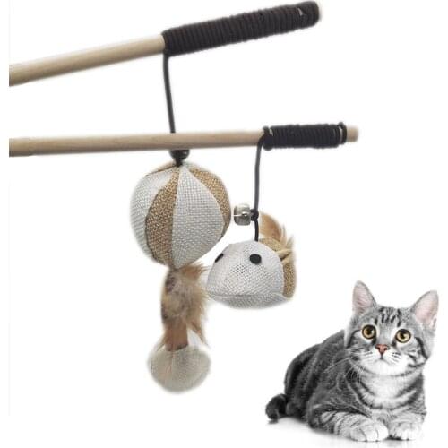 Pet Cat Teaser Toys Feather Linen Wand Cat Catcher Teaser Stick Cat Interactive Toys Wood Mouse Toy With Mini Bell