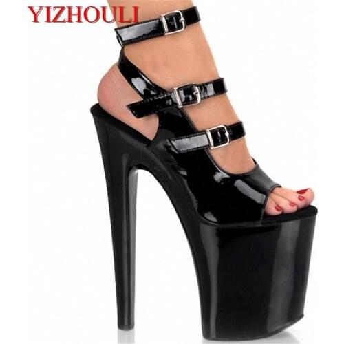 Sexy performance strip club is paired with high heels, black lacquered sandals with 20CM high heel sandals