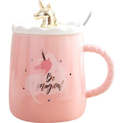 Korean-Style Gold Foil Unicorn Net Red Ceramic Cup Pink Girls Heart Mascot Cup with Lid Spoon Student Mug