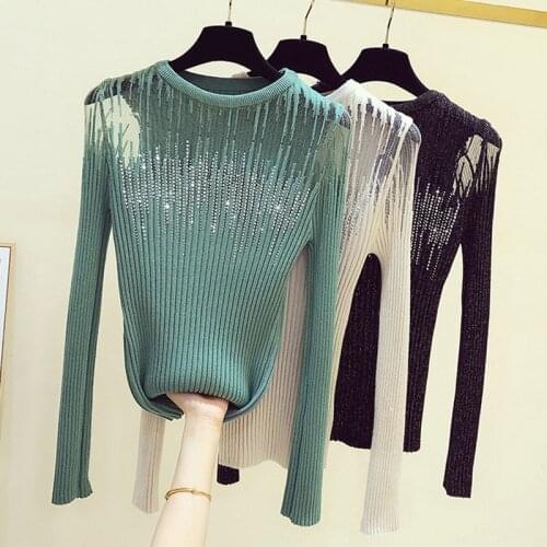 LJSXLS Diamonds Thin Knitted Sweater Female Hollow Out Sweaters Women 2020 Autumn Sexy Tops Bright Wire Pullover Woman Clothes