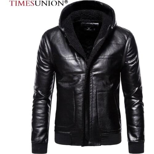 Mens Casual Hooded Slim Fur Coat Men Slim Solid Color Leather Jacket Men Winter Zipper Patchwork Faux Leather Coats