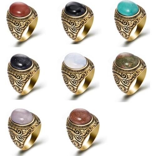 Mens Womens Natural Oval Turquoises Black Onyx Moonstone Gold Stainless Steel Ring Jewelry Size 8-13