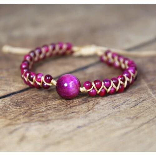 Natural Charm Boho Warp Bracelet Rose Red Tiger Eye Stone Beads String Braided Bracelet Handmade DIY Women Men Jewelry