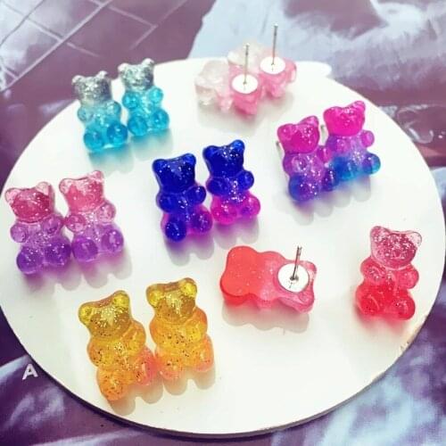 2021 New Creative Little Bear Cute Mini Gradient Color Gummy Bear Earrings Minimalist Cartoon Design Female Earrings Jewelry