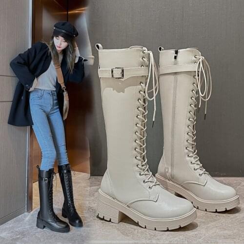 New autumn and winter boots lace up high boots low heel shoes belt buckle motorcycle boots womens boots non-slip shoes women