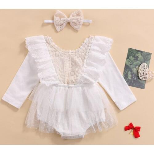 Baby Girls 2Pcs Fall White Bodysuit Set Ruffle Long Sleeve Floral Lace Dot Mesh Tutu Jumpsuit Romper with Headband