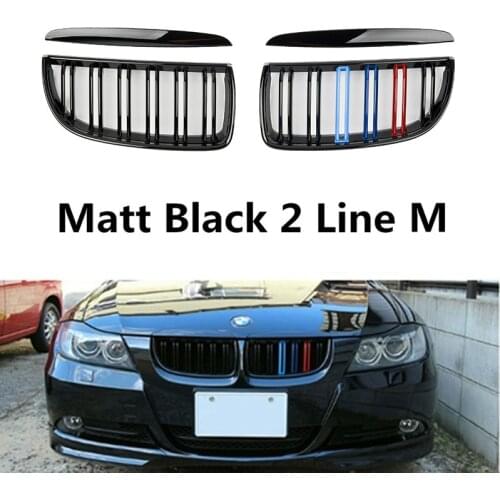 Pair Gloss Matt Black Color 2 Line Front Kidney Grille Grill Double Slat for BMW E90 E91 3 Series 2005 2006 2007 Car Accessories