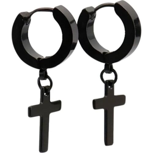 Unisex Hot Sale Earrings Stainless Steel Cross Earrings Hoop Earrings Solid Color with Cross Pendant серьги женские кольцо #40