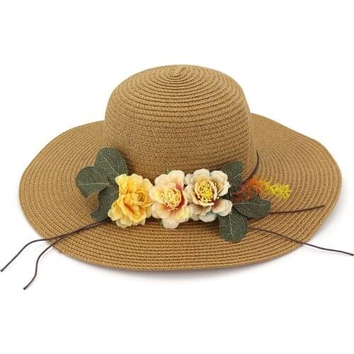 Summer New Womens Sun Hat Bucket Cap Lace Bowknot Flowers Ribbon Flat Top Straw Hat Beach Caps Panama Beach Sun Visor Hat