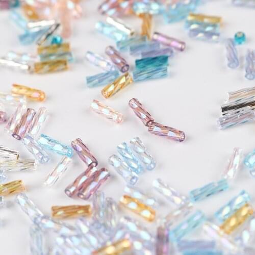Japan Import) Twisted Bugle Glass Beads For Jewelry DIY Making Blue AB Rainbow Color Transparent About 6mm x 2mm, 10 Grams