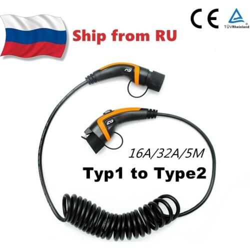 Russia Warehouse Type 1 to Type 2 EV Charging Cable J1772 and IEC62196 16A 32A Charging Station With 5 Meter Spiral Cable