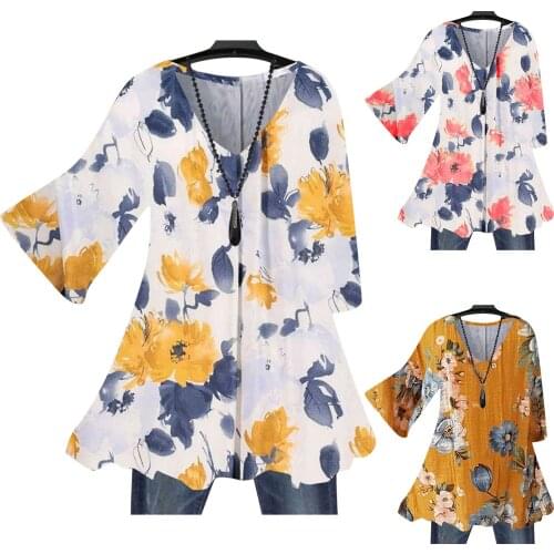 Fashion Fall Womens Blouses Printed Long Sleeve Women Tops Causal Loose Floral Printed V-neck Tops Женские блузки 2021 New