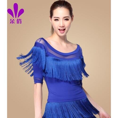 Lady Summer Dancing Shirt Tassel Female Latin Dance Shirt Half Sleeve Round Collar Female Rumba Samba Dance Clothes B-4325