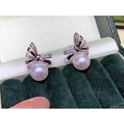 D116 Pure 925 Sterling Silver Fine Jewelry Fresh Water White 9-8mm Round Pearl Stud Earrings for Women Fine Pearl Earrings