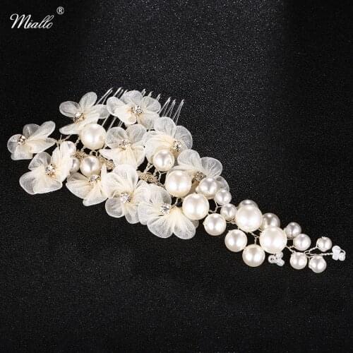 Miallo Newest Wedding Big Peals Hair Combs for Women Ivory white Lace flowers Hair Pins for Bride Fashion Hair Accessories