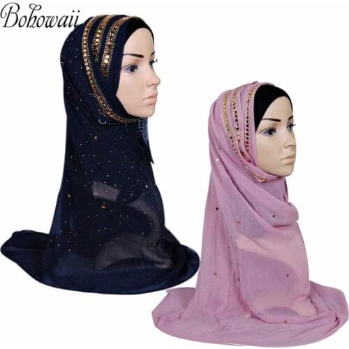 BOHOWAII Pearl Hijab Scarf Muslim Islamic Chiffon Foulard Femme Musulman Rhinestone Hijabs Malaysian Long Glitter Turban
