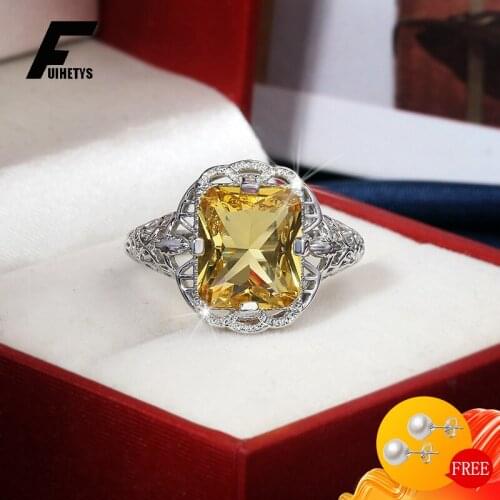BaliJelry Retro Ring 925 Silver Jewelry Rectangle Citrine Zircon Gemstone Finger Ring for Women Wedding Engagement Accessories