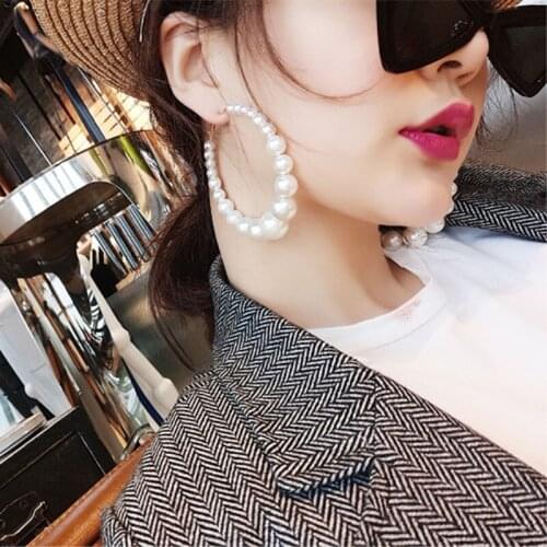 3" Fashion Large Pearl Hoop Earrings For Women Trendy Jewelry Boho Statement Gypsy Big Round Circle Gold Hoops Drop Earring