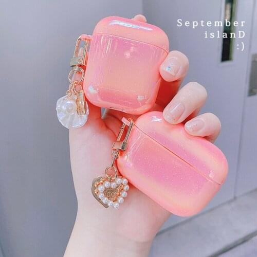 3D Pearl Shell Keychain Water Rainbow Pink Hard Headphone Earphone case for apple airpods 1 2 cover for airpods pro Wireless