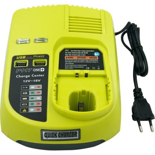 9.6V 12V 14.4V 18V Ni-Cad Ni-Mh Lithium ion Battery Charger for Ryobi P108 RB18L40 P104 P117 One Plus + 2 USB Ports EU Plug