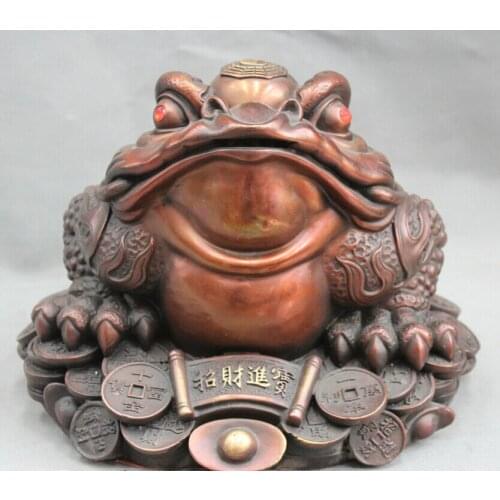 Fast shipping USPS to USA 2125 12 "Fengshui Bronze Golden Toad Spittor Wealth Yuanbao Cai Coin Statue