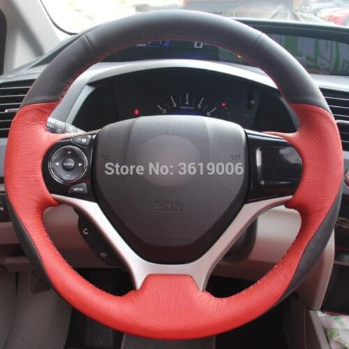 For Honda Civic Civic 9 2012-2015 Hand-stitched Anti-Slip Black Red Leather DIY Steering Wheel Cover