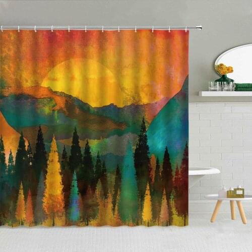 Shower Curtain Water Color Ocean Hot Air Balloon Forest Landscape Polyester Fabric High Quality Bath Screen With Hook Home Decor