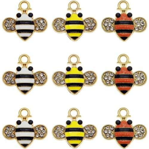 Julie Wang 9PCS Enamel Bee Charms with Rhinestone Cute Animal Pendants Necklace Earrings Jewelry Accessory Craft Making