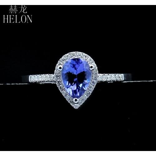 HELON Solid 14k White Gold Flawless Pear 5x7mm Genuine Tanzanite Diamonds Engagement Ring Women Birthday Anniversarry Best Gift