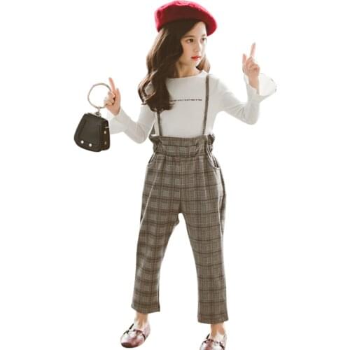 Girls Clothes Set Plaid Pattern Clothes For Girls Tshirt + Jumpsuit Tracksuit Girl Casual Style Tracksuit Kids 6 8 10 12 14
