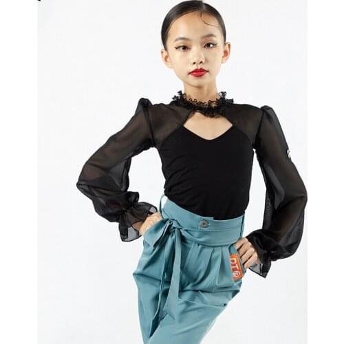 2021 Latin Dance Costumes For Girls Practice Clothes Puff Sleeve Long Sleeve Mesh Tops Samba Latin Performance Costumes DN7556