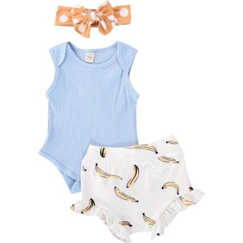 Baby Girls Summer Clothing Solid Color Sleeveless Button Closure Romper +Banana Print High Waist Short Pants+Headband Outfits