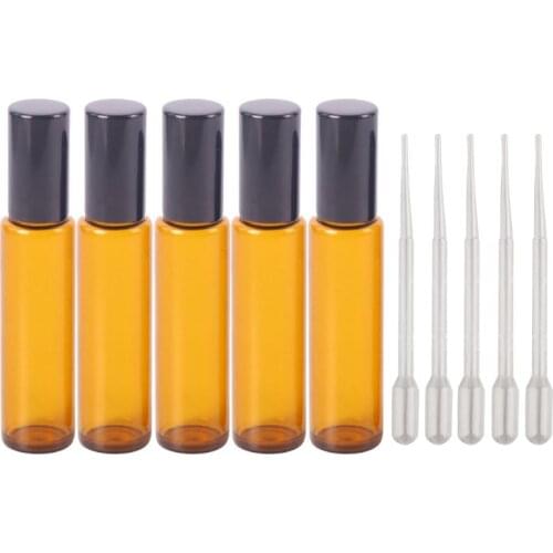 5 pcs 10 Ml Glass Roll-on Bottles with Stainless Steel Roller Balls - 5 Dropper MOLF