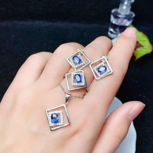 Natural Sapphire Block Ring Earring Pendant Necklace Set S925 Fine Fashion Charming Weddings Jewelry for Womens Free Shipping