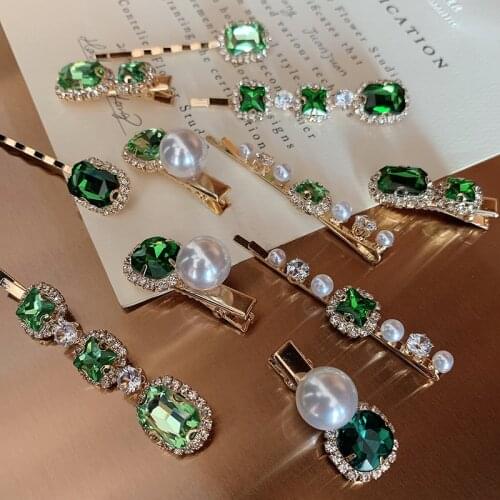 2020 New Korea Style Simple Sweet Cute Vintage Green Rhinestone Imitation Pearl Trendy Hairpin for Girl Fashion Hair Accessories