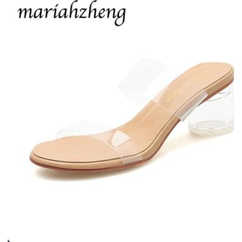 Meriahzheng 2020 Summer New Transparent Crystal Heel Sandals with Womens Sandals and Slippers Daily Wear Casual Sandals TWS
