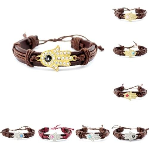 New Hamsa Woven Bracelets & Bangles For Man Women Silver Gold Metal Hamsa Hand Adjustable Leather Bracelet Gift Braided Bracelet