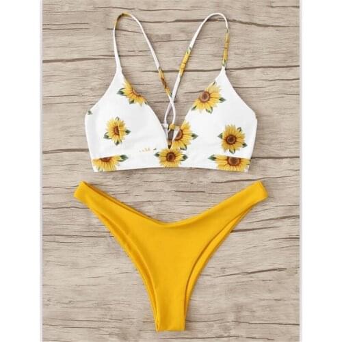 NEW Women Sexy Bikini Set Fashion Sunflower Print Backless Deep V-neck Bikini Solid Color Panties Sexy Bathing Suits Swimwear