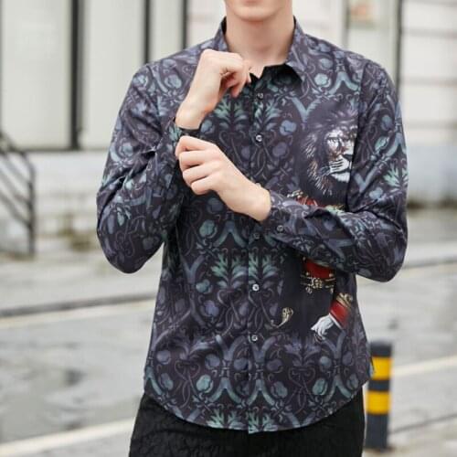 Luxury brand Street Handsome Fashion Cartoon Print Men shirts Printing Retro Chemises Casual Slim Long-Sleeve Shirts male Top