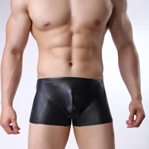 Sexy Underwear Men Boxer Shorts Black Faux Leather Underpants Male Low Waist U Convex Pouch Panties Cueca calzoncillos M-XL