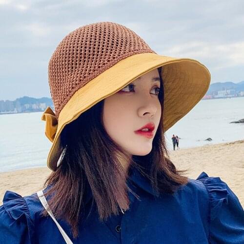 Hollow Sunbonnet Womens Summer Foldable Small-Edge Sun Hat Mesh Beach Woven Fisherman Hat Wholesale