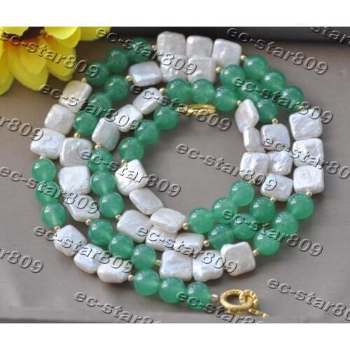 Z11232 35"-50" 12mm White Square Coin Pearl Round Green Jade Bead Necklace Woman Fashion Jewelry