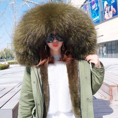 Woman Army Green Jacket Large Raccoon Fur Collar Hooded Coat Parkas Outwear Detachable Lining Winter Short Jacket